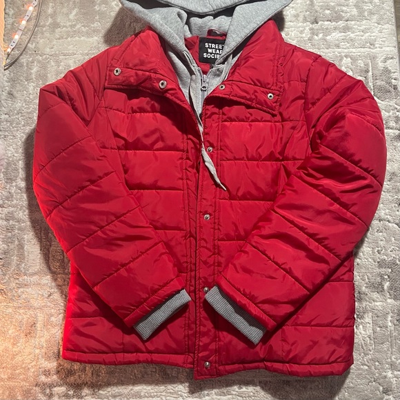 Red and Grey Winter Puffer Jacket with built in sweater hood - Picture 2 of 4